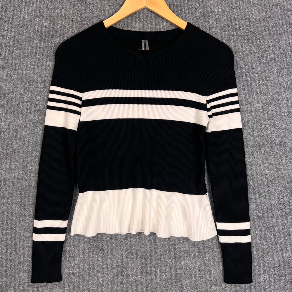 Anthropologie Sweater Womens Small Black Excellent Ribbed Peplum Striped Lng Slv